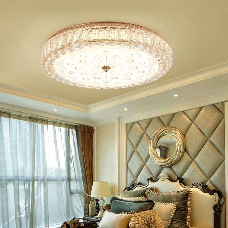 Gold Metal and Crystal LED Flushed Ceiling Light with Peacock/Floral Pattern - 16"/19.5" Wide