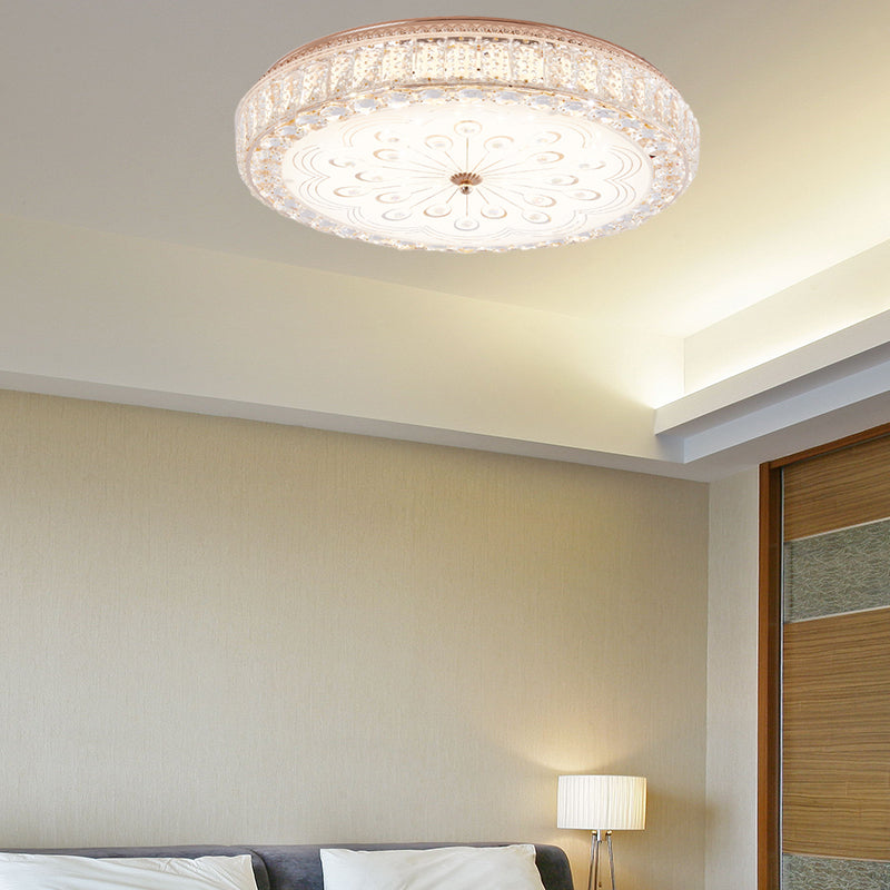 Gold Metal and Crystal LED Flushed Ceiling Light with Peacock/Floral Pattern - 16"/19.5" Wide