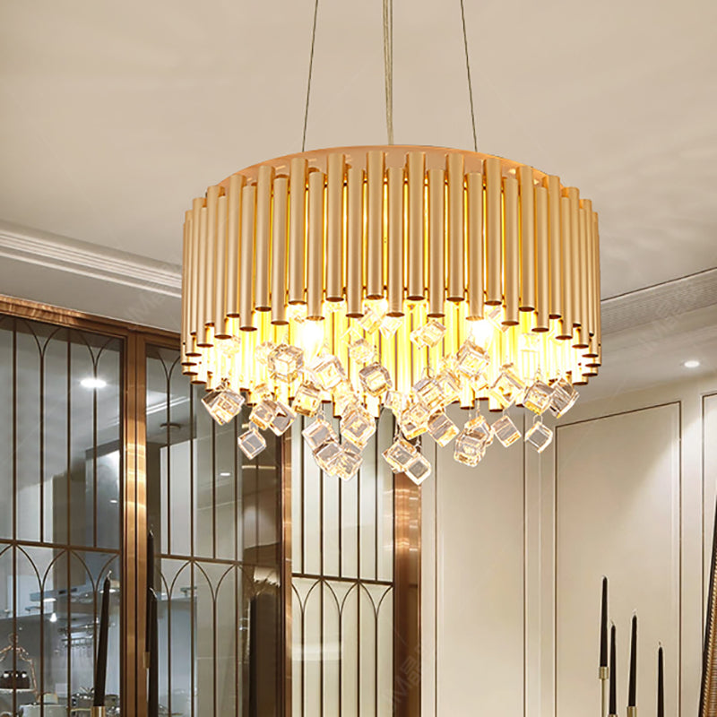 4/5-Light Modern Metal Chandelier with Crystal Accents in Gold, Drum Design, 16"/19.5" Width