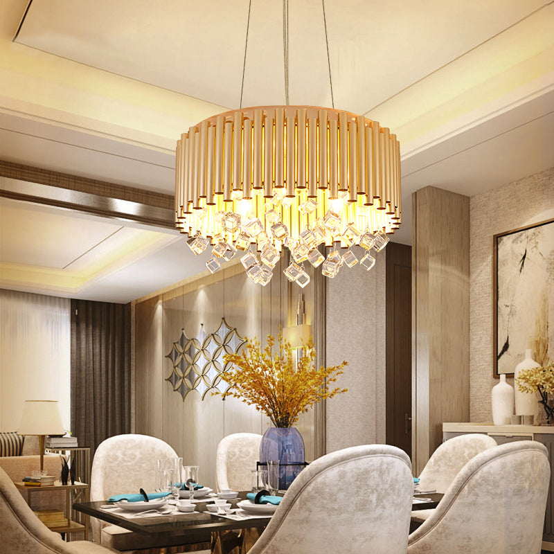 4/5-Light Modern Metal Chandelier with Crystal Accents in Gold, Drum Design, 16"/19.5" Width