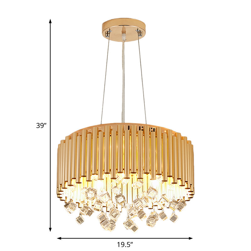 4/5-Light Modern Metal Chandelier with Crystal Accents in Gold, Drum Design, 16"/19.5" Width