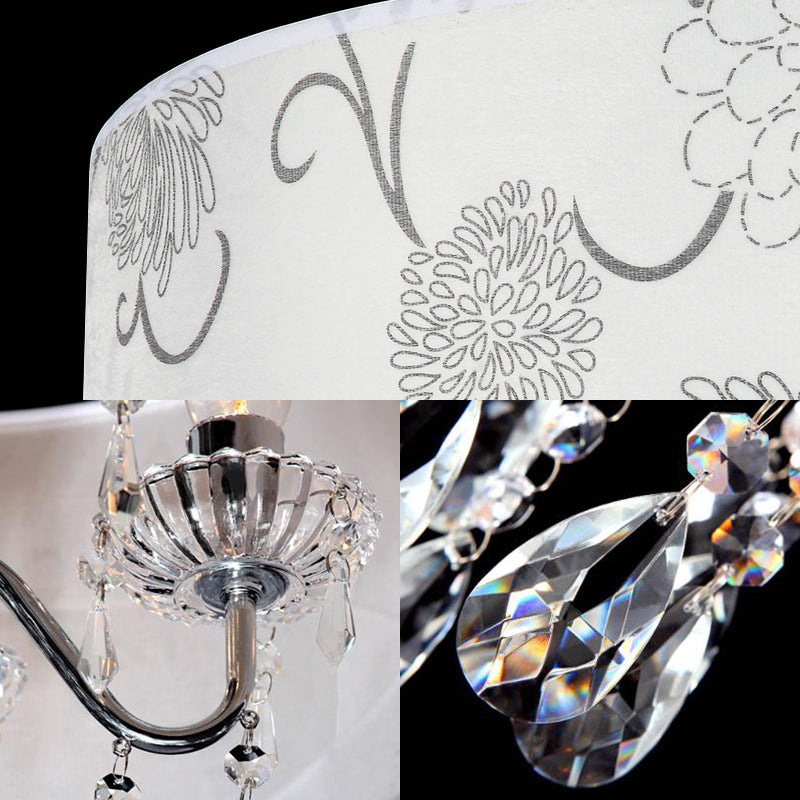 Contemporary White Drum Chandelier - 5-Light Hanging Fixture with Flower Pattern and Crystal Bead