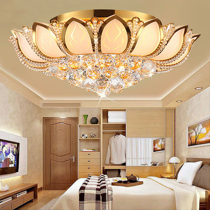 Vintage Petal Flushed Gold Ceiling Light with Frosted Glass & Clear Crystal Ball Décor - 18"/19.5" W