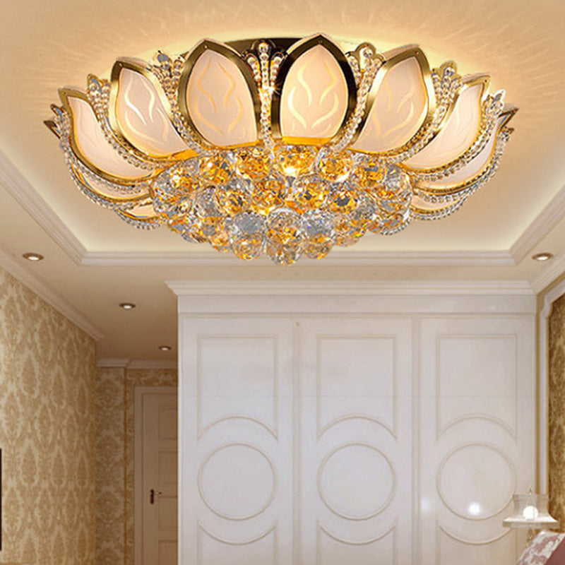 Vintage Petal Flushed Gold Ceiling Light with Frosted Glass & Clear Crystal Ball Décor - 18"/19.5" W