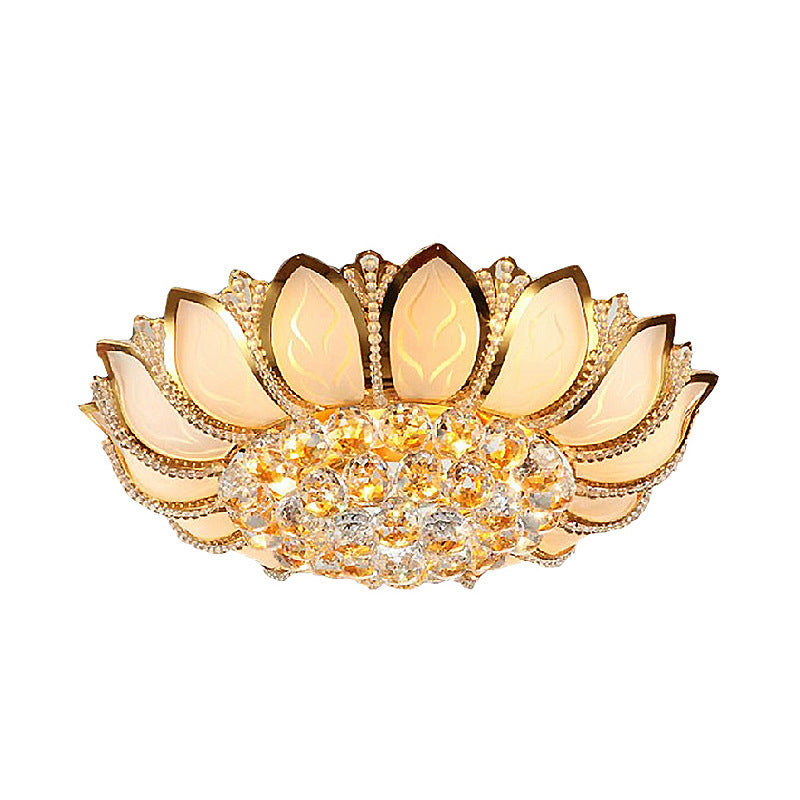 Vintage Petal Flushed Gold Ceiling Light with Frosted Glass & Clear Crystal Ball Décor - 18"/19.5" W