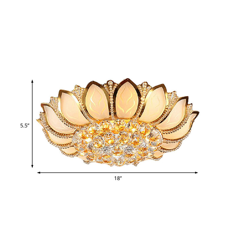 Vintage Petal Flushed Gold Ceiling Light with Frosted Glass & Clear Crystal Ball Décor - 18"/19.5" W