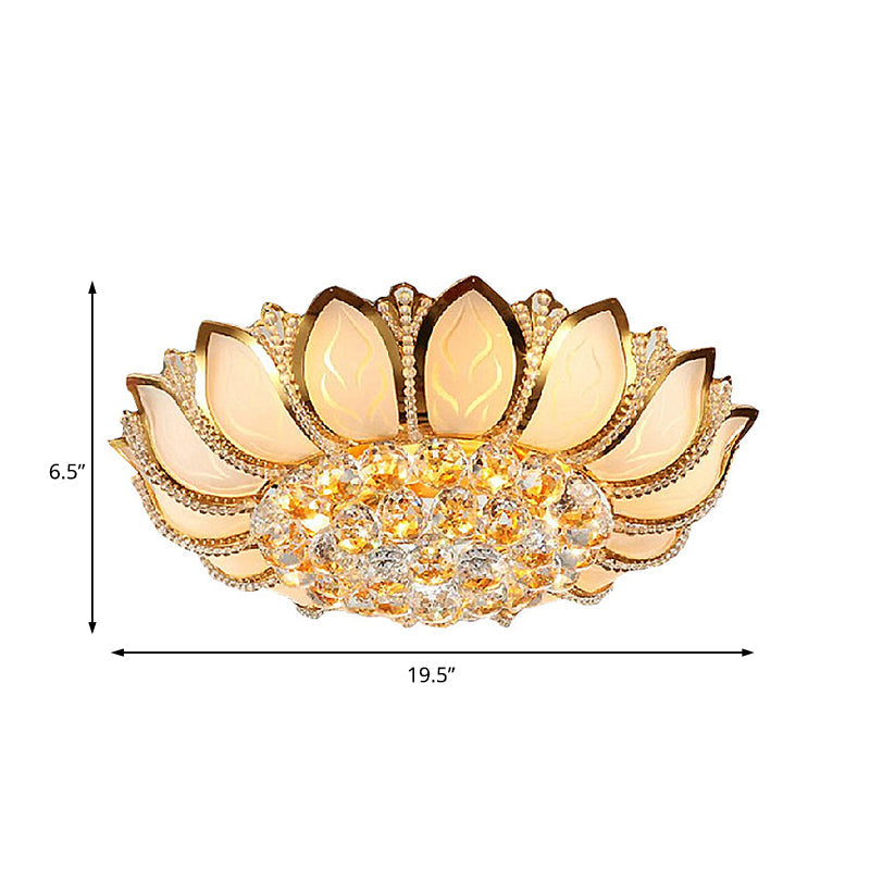 Vintage Petal Flushed Gold Ceiling Light with Frosted Glass & Clear Crystal Ball Décor - 18"/19.5" W