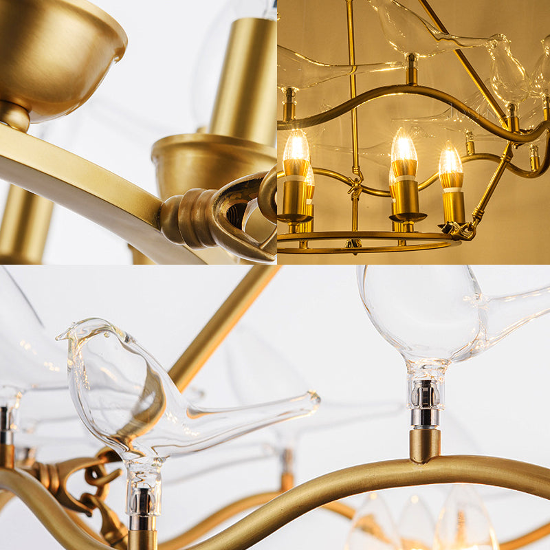 Modern Iron Candle Chandelier Ceiling Fixture in Gold with Clear Glass Birds - 6/9-Head for Living Room