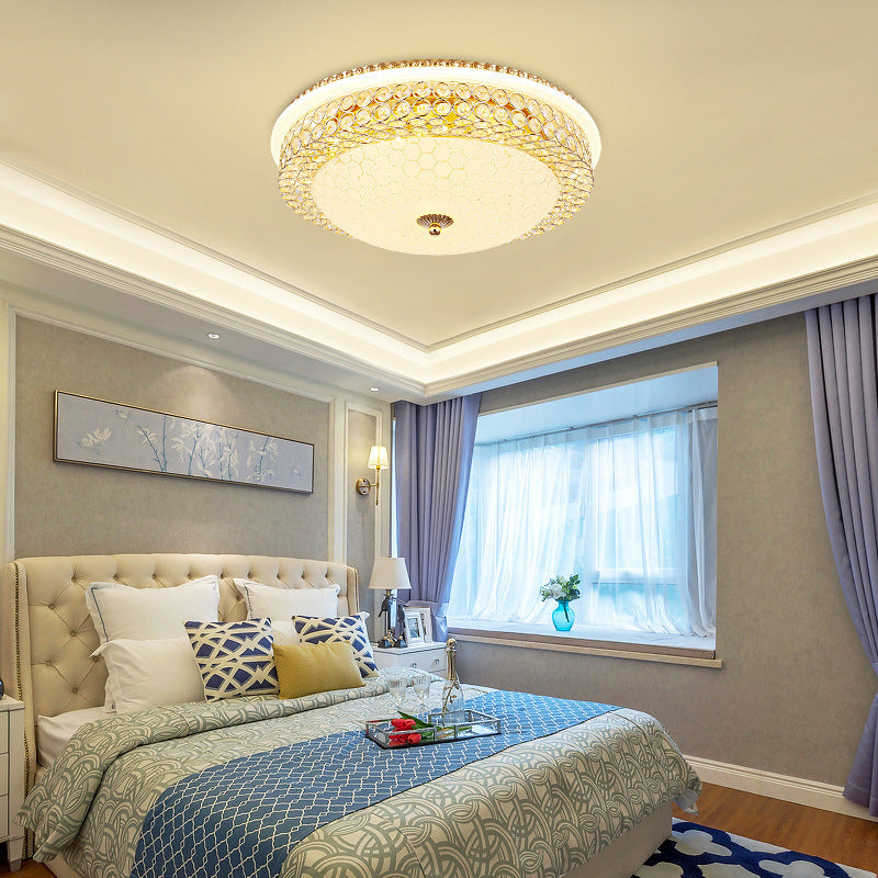 Modern LED Flush Mount Ceiling Light Clear Crystal Round Lamp with Frosted Glass Diffuser in Gold, 16"/19.5" Width