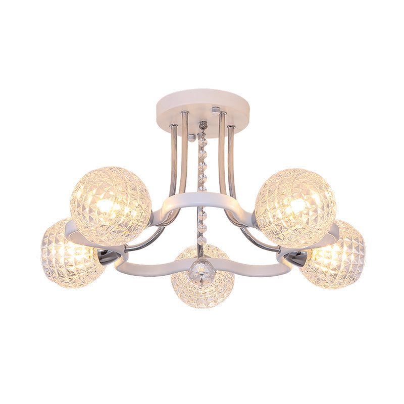 Modern White Semi-Flush Mount Ceiling Light with Lattice Glass, Crystal Drop and 3/5 Lights
