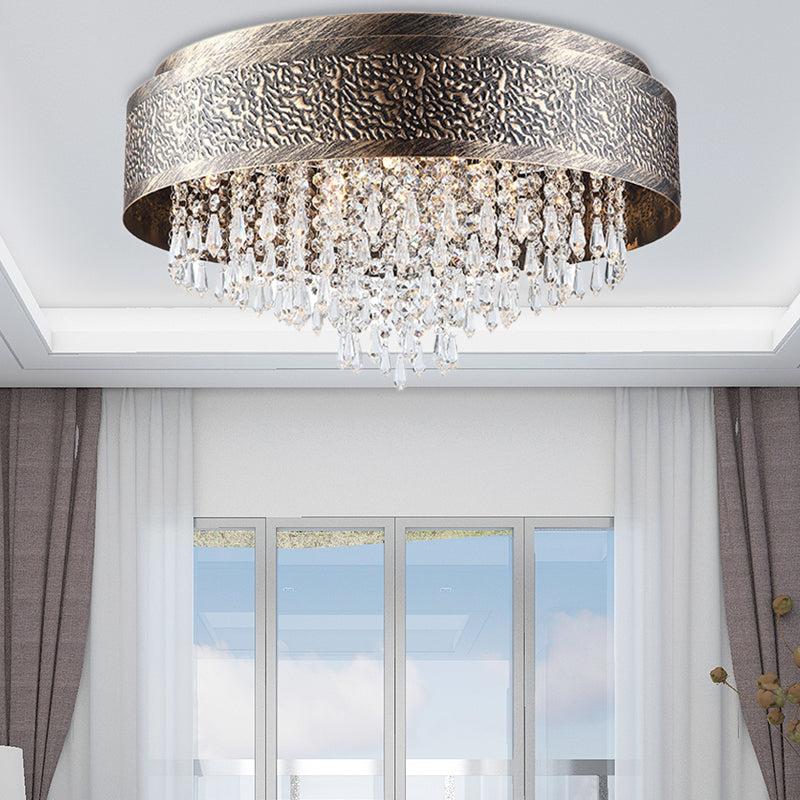 Antique Style Bronze Drum Flush Lamp with Crystal Accent, 5/9 Light Iron Flush Mount Ceiling Light - 16"/19.5" Width