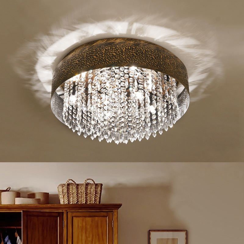 Antique Style Bronze Drum Flush Lamp with Crystal Accent, 5/9 Light Iron Flush Mount Ceiling Light - 16"/19.5" Width