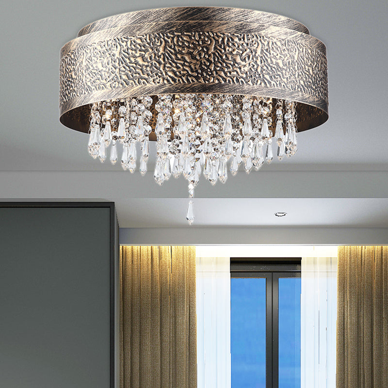 Antique Style Bronze Drum Flush Lamp with Crystal Accent, 5/9 Light Iron Flush Mount Ceiling Light - 16"/19.5" Width