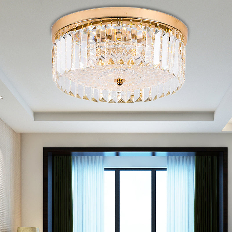 Modernist Metal Flush Mount Lamp with LED Drum Shade and Crystal Prism in Gold Finish - 14"/18" Wide