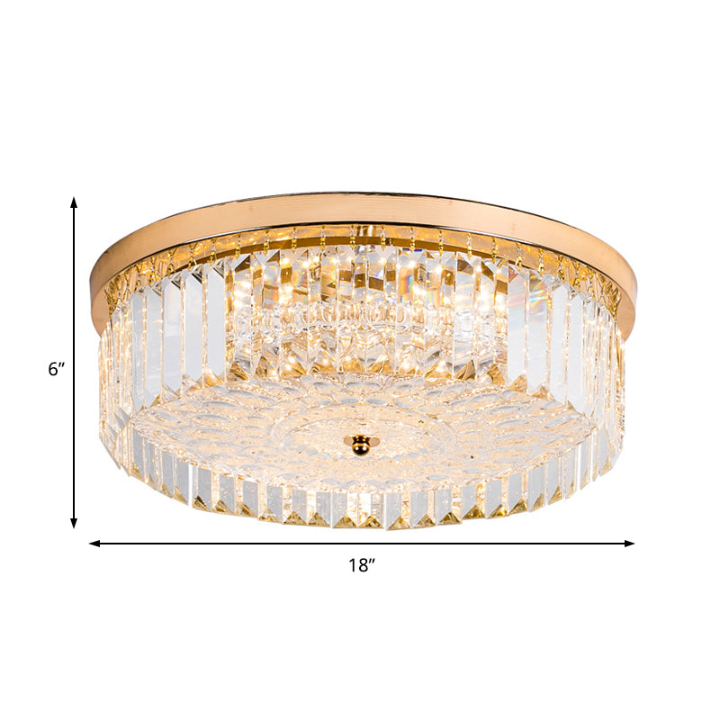 Modernist Metal Flush Mount Lamp with LED Drum Shade and Crystal Prism in Gold Finish - 14"/18" Wide