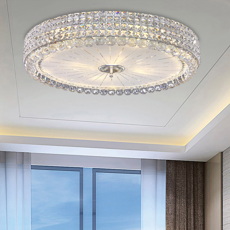 Contemporary Clear Crystal Multi-Head Flush Mount Ceiling Light in Chrome - 16"/19.5" W Drum Flush Mount Lamp