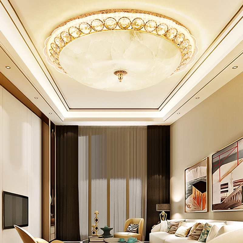 Modern LED Flush Ceiling Light with Textured Glass Bowl, Crystal Accent in Gold - 12"/16" Wide