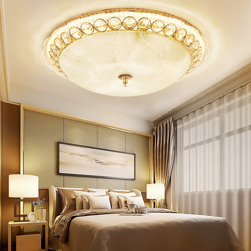 Modern LED Flush Ceiling Light with Textured Glass Bowl, Crystal Accent in Gold - 12"/16" Wide