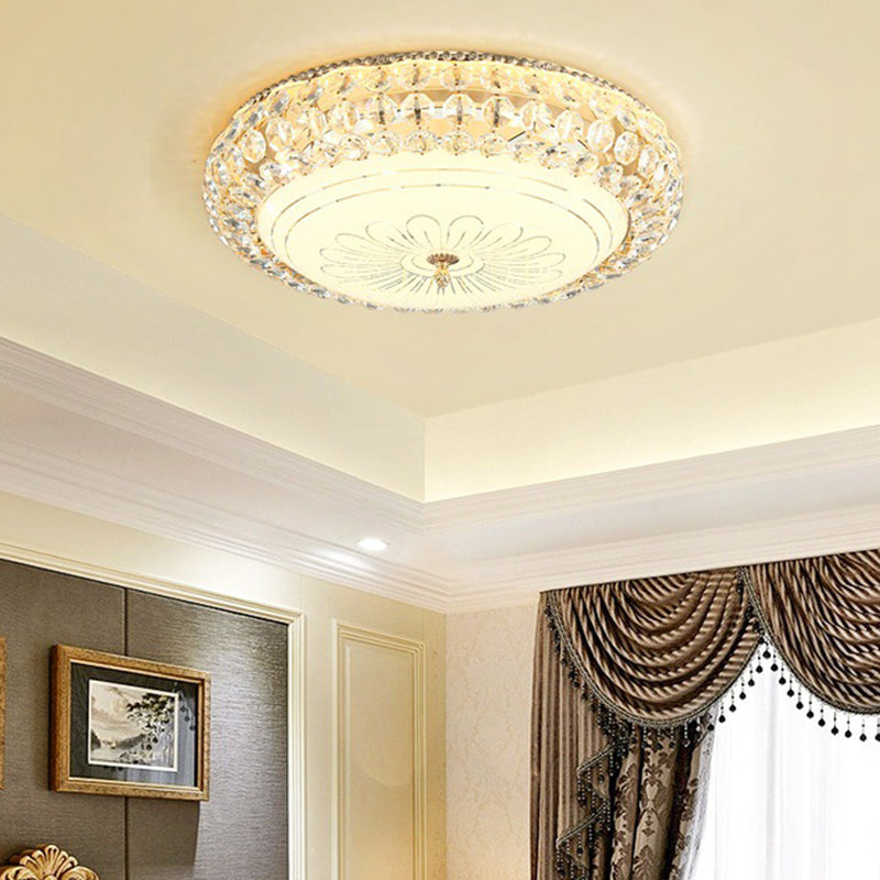 Contemporary Frosted Glass LED Ceiling Light with K9 Crystal in Gold - 12"/16" Wide