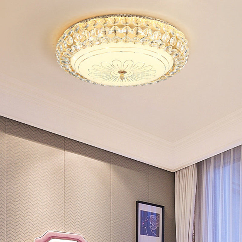 Contemporary Frosted Glass LED Ceiling Light with K9 Crystal in Gold - 12"/16" Wide