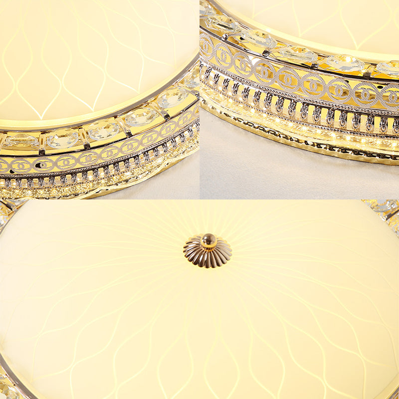 Modern LED Flush Light Fixture with Clear Crystal Accent and Frosted Glass in Gold