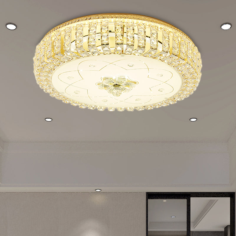 Golden Drum Flushmount Lighting: Modern Crystal and Glass Multi Light Ceiling Lamp (16"/19.5" W) with Flower Pattern