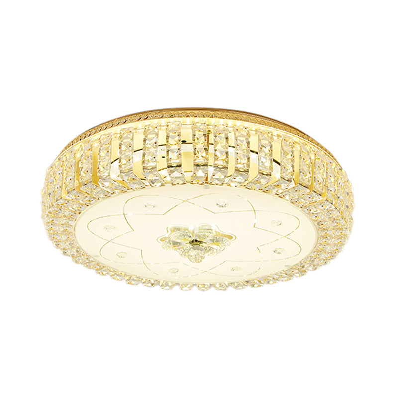 Golden Drum Flushmount Lighting: Modern Crystal and Glass Multi Light Ceiling Lamp (16"/19.5" W) with Flower Pattern