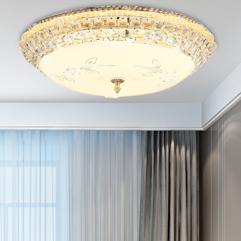 Modernist White Glass And Clear Crystal Led Flush Pendant Light For Bedroom - 12/16 Diameter / 16