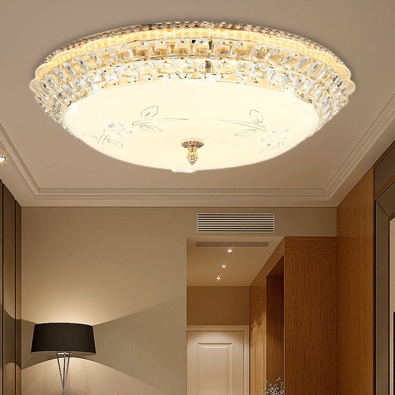 Modernist White Glass And Clear Crystal Led Flush Pendant Light For Bedroom - 12/16 Diameter / 19.5