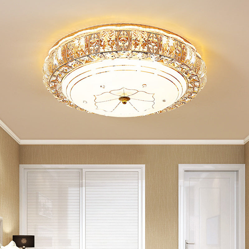 Vintage LED Flush Mount Ceiling Light with Clear K9 Crystal and Flower Patterned Diffuser