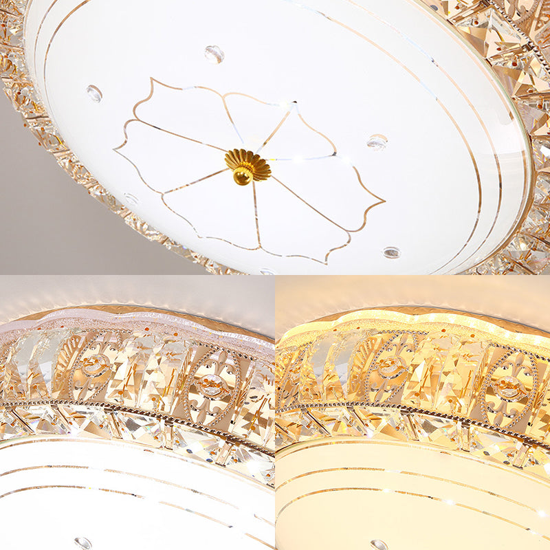 Vintage LED Flush Mount Ceiling Light with Clear K9 Crystal and Flower Patterned Diffuser