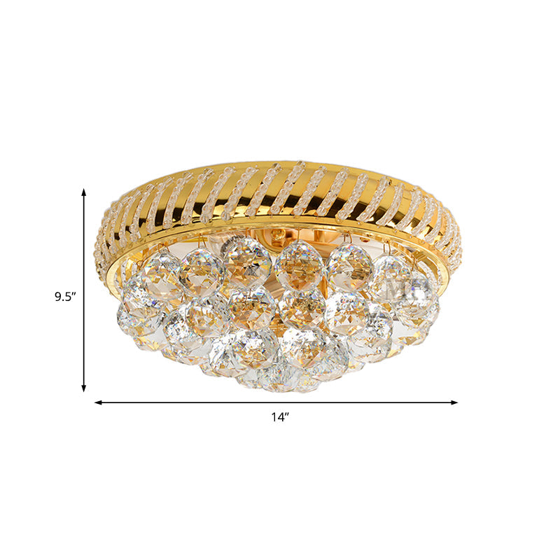 Modern Gold Flush Mount Chandelier with Crystal Ball & Round Shade - 14"/18" W, 3/4/5 Heads