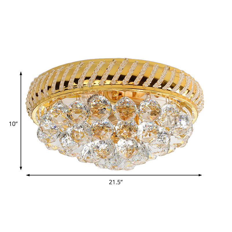 Modern Gold Flush Mount Chandelier with Crystal Ball & Round Shade - 14"/18" W, 3/4/5 Heads