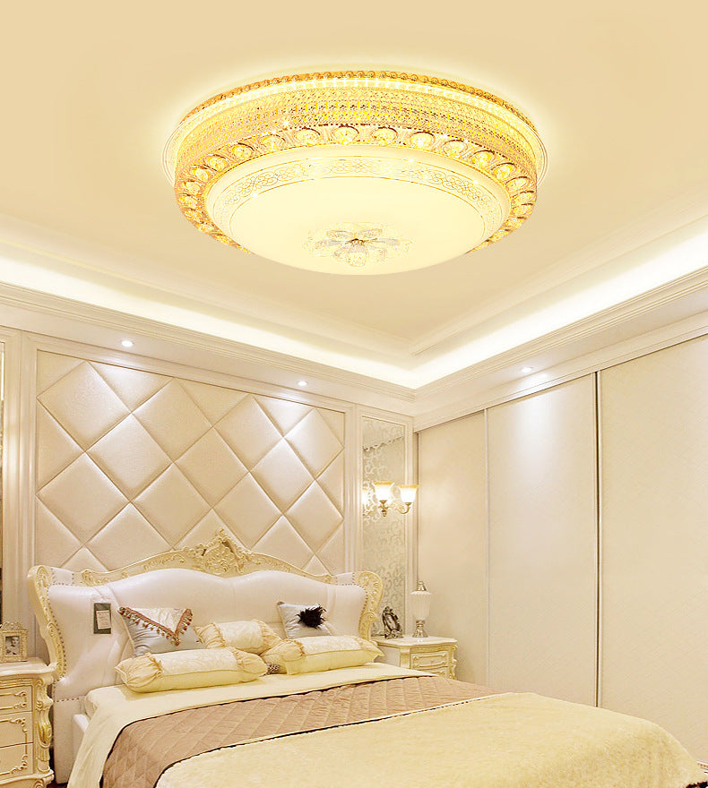 Modern Opal Glass Bowl Flush Light with LED, Crystal Accent, and Gold Hollow Out Design