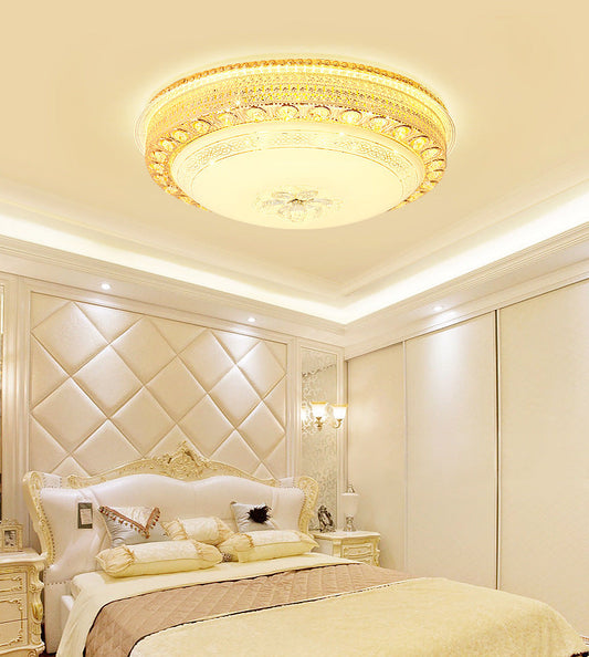 Modern Opal Glass Bowl Flush Light with LED, Crystal Accent, and Gold Hollow Out Design
