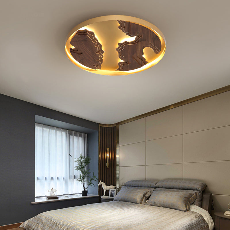 Contemporary Wood Gold/White Round LED Flush Mount Lamp for Living Room Ceiling - 16"/19.5"/23.5" Diameter