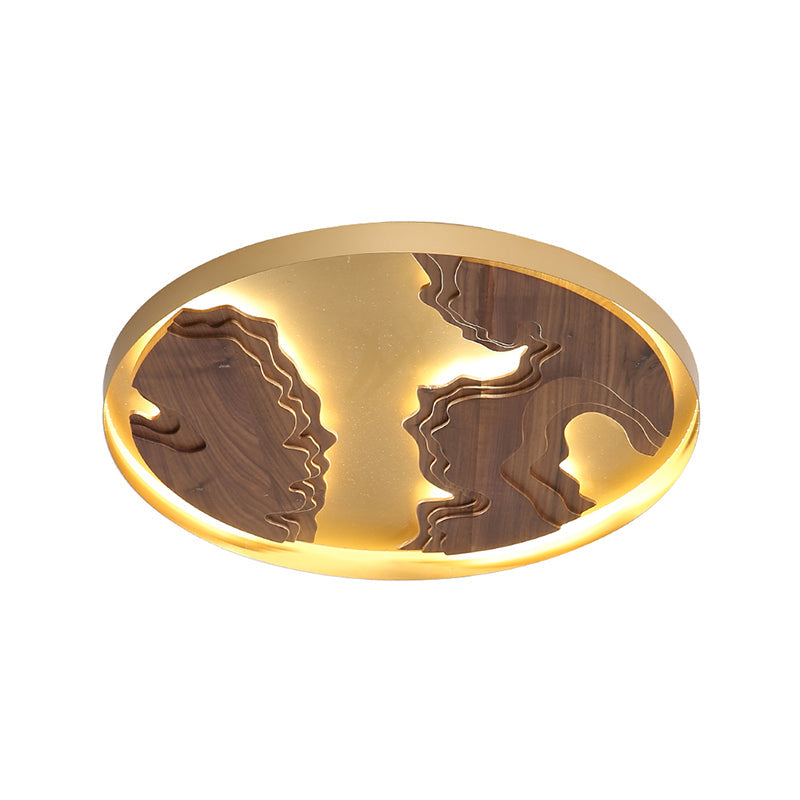 Contemporary Wood Gold/White Round Led Flush Mount Lamp For Living Room Ceiling - 16/19.5/23.5