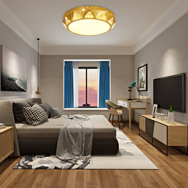 Plafonnier LED géométrique moderne avec accent en cristal en blanc/or, 12"/18" W