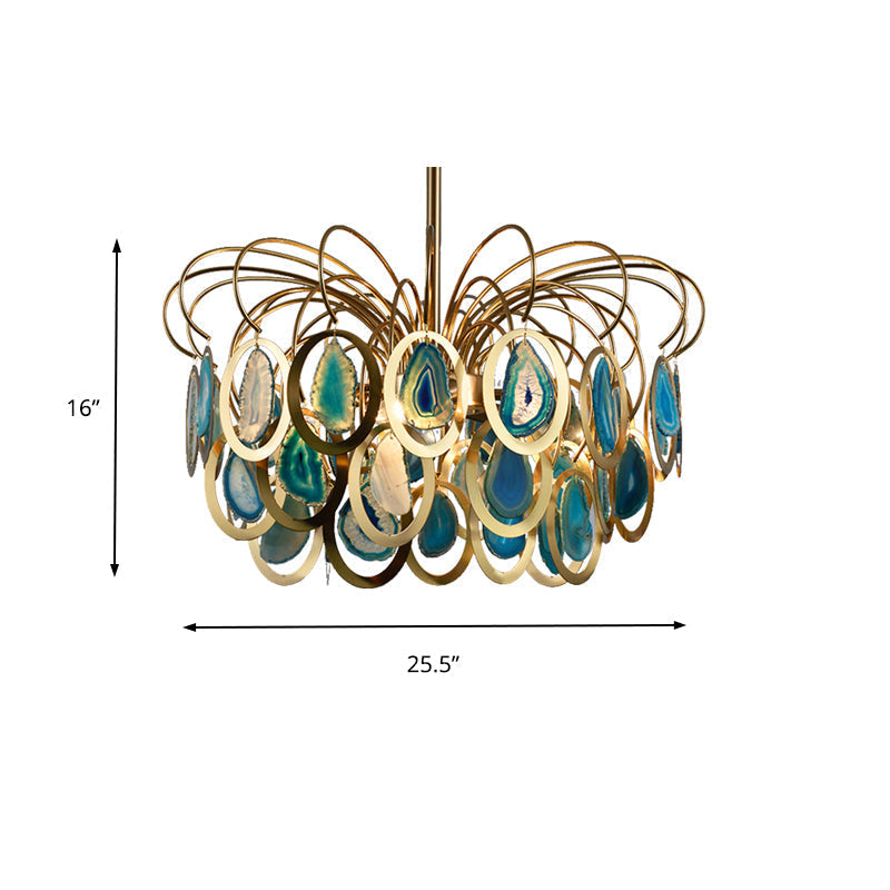 Modern Peacock Feather Chandelier With Agates - 5-Head Iron Pendant Light