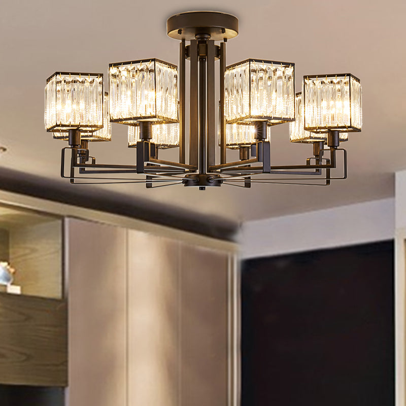 Vintage Style Black Square Metal Ceiling Light Fixture with Crystal Prism - 4/6/8 Lights - Ideal for Bedroom