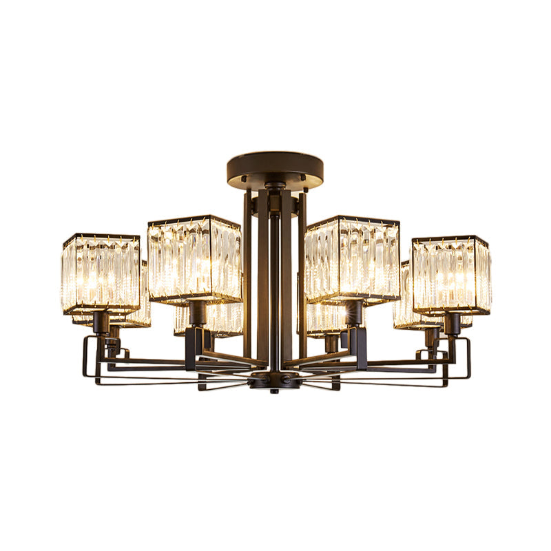 Vintage Style Black Square Metal Ceiling Light Fixture with Crystal Prism - 4/6/8 Lights - Ideal for Bedroom
