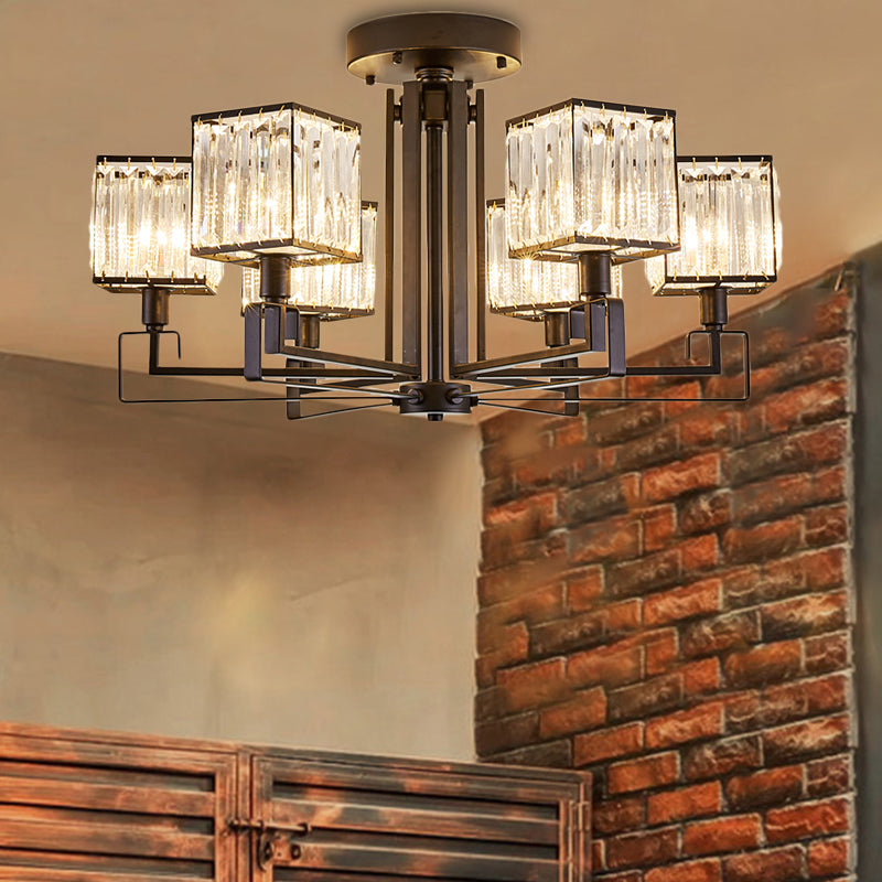 Vintage Style Black Square Metal Ceiling Light Fixture with Crystal Prism - 4/6/8 Lights - Ideal for Bedroom