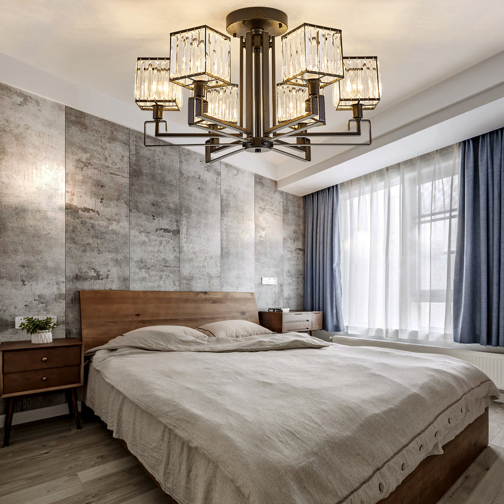 Vintage Style Black Square Metal Ceiling Light Fixture with Crystal Prism - 4/6/8 Lights - Ideal for Bedroom