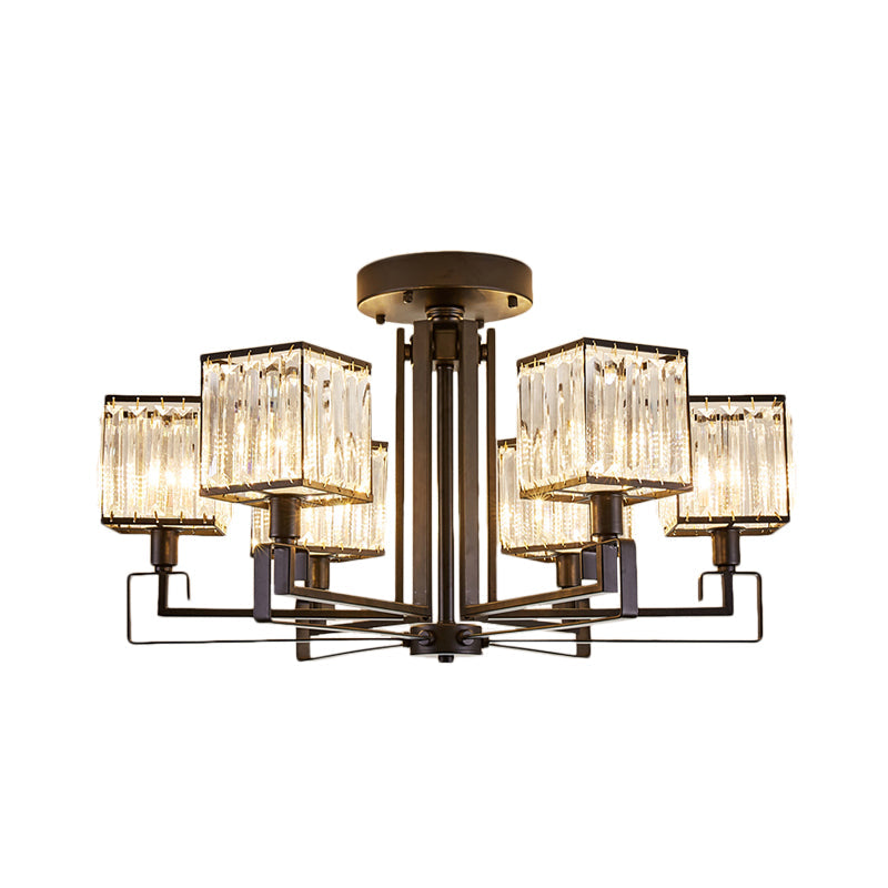 Vintage Style Black Square Metal Ceiling Light Fixture with Crystal Prism - 4/6/8 Lights - Ideal for Bedroom