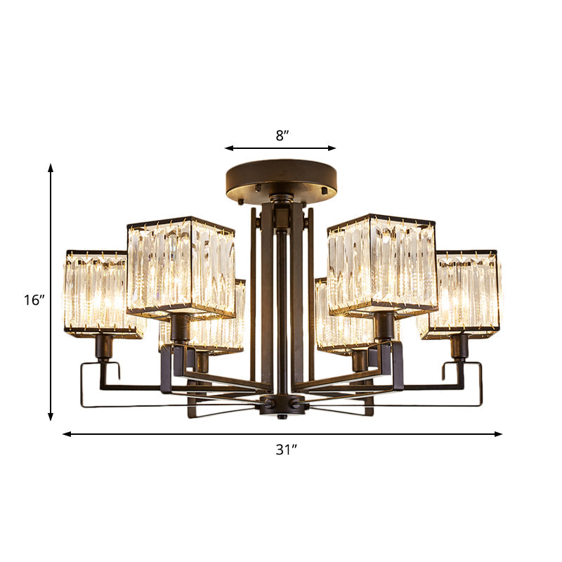 Vintage Style Black Square Metal Ceiling Light Fixture with Crystal Prism - 4/6/8 Lights - Ideal for Bedroom