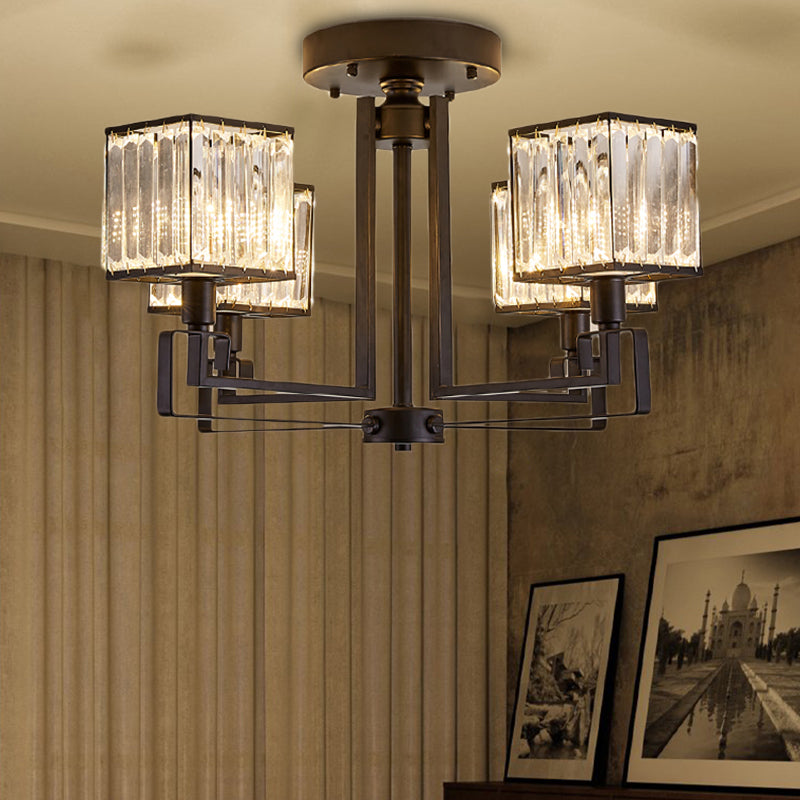 Vintage Style Black Square Metal Ceiling Light Fixture with Crystal Prism - 4/6/8 Lights - Ideal for Bedroom