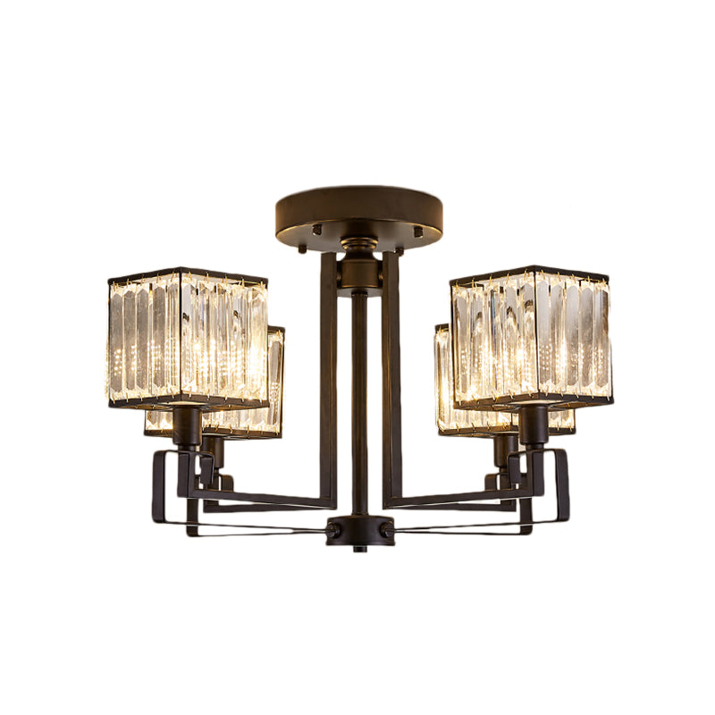 Vintage Style Black Square Metal Ceiling Light Fixture with Crystal Prism - 4/6/8 Lights - Ideal for Bedroom