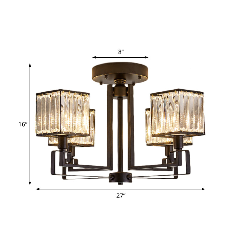 Vintage Style Black Square Metal Ceiling Light Fixture with Crystal Prism - 4/6/8 Lights - Ideal for Bedroom