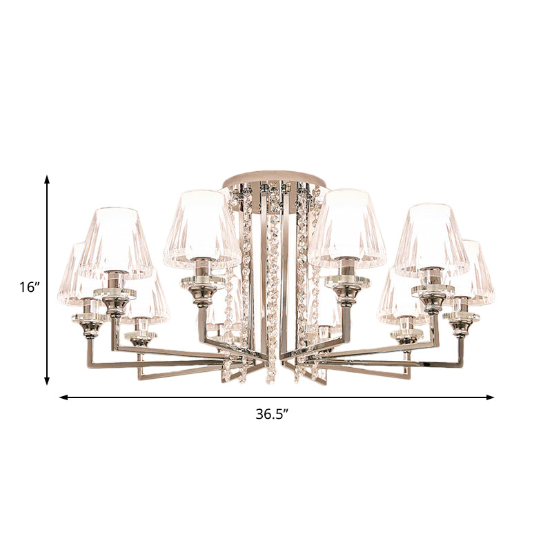 Modern Chrome Cone Ceiling Lamp with Crystal Accents - 6/8/10 Heads, Semi-Mount Light