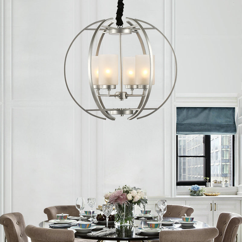 Frosted Glass Cylinder Pendant Light - Contemporary 4-Head White Chandelier with Sphere Frame
